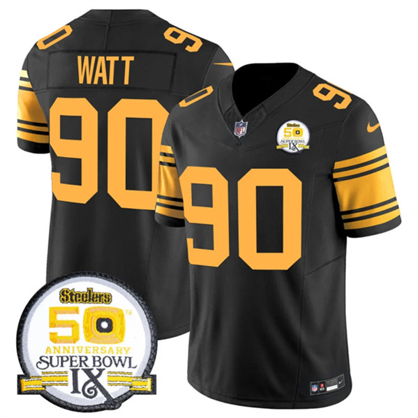 Men's Pittsburgh Steelers #90 T.J. Watt Black 2024 F.U.S.E. 50th Anniversary Of Super Bowl IX Color Rush Limited Football Stitched Jersey